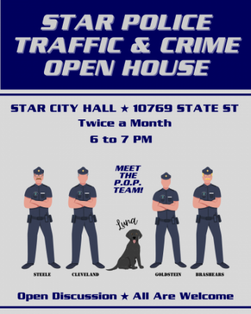 flyer with four cartoon police characters and one K-9 police dog