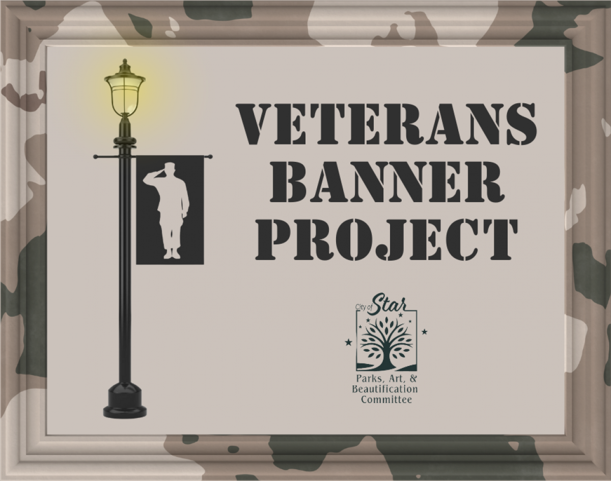 Picture of a street light with a banner with a soldier giving a salute