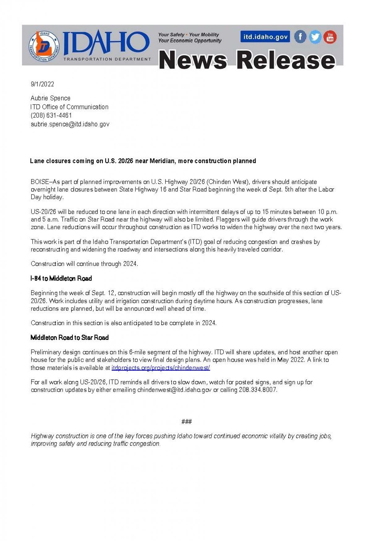 ITD Announces 20/26 Lane Closures