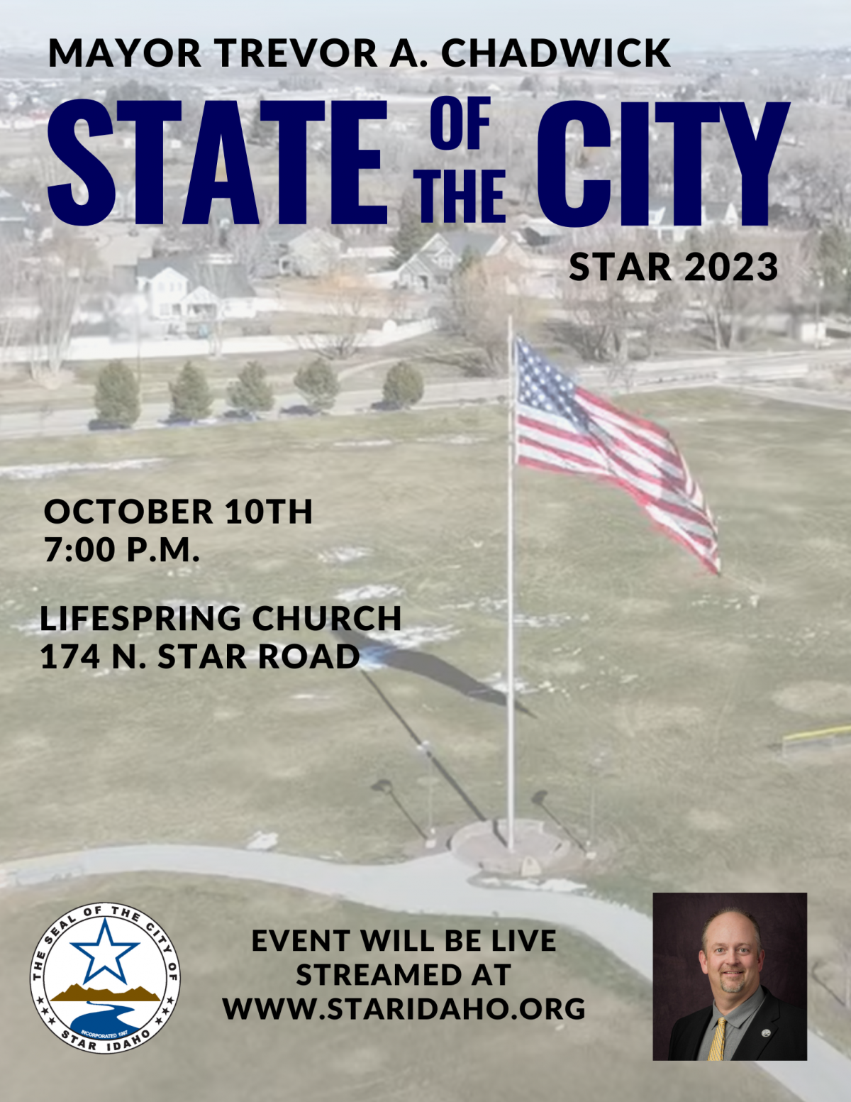 US Flag at park with State of the City and Mayors headshot